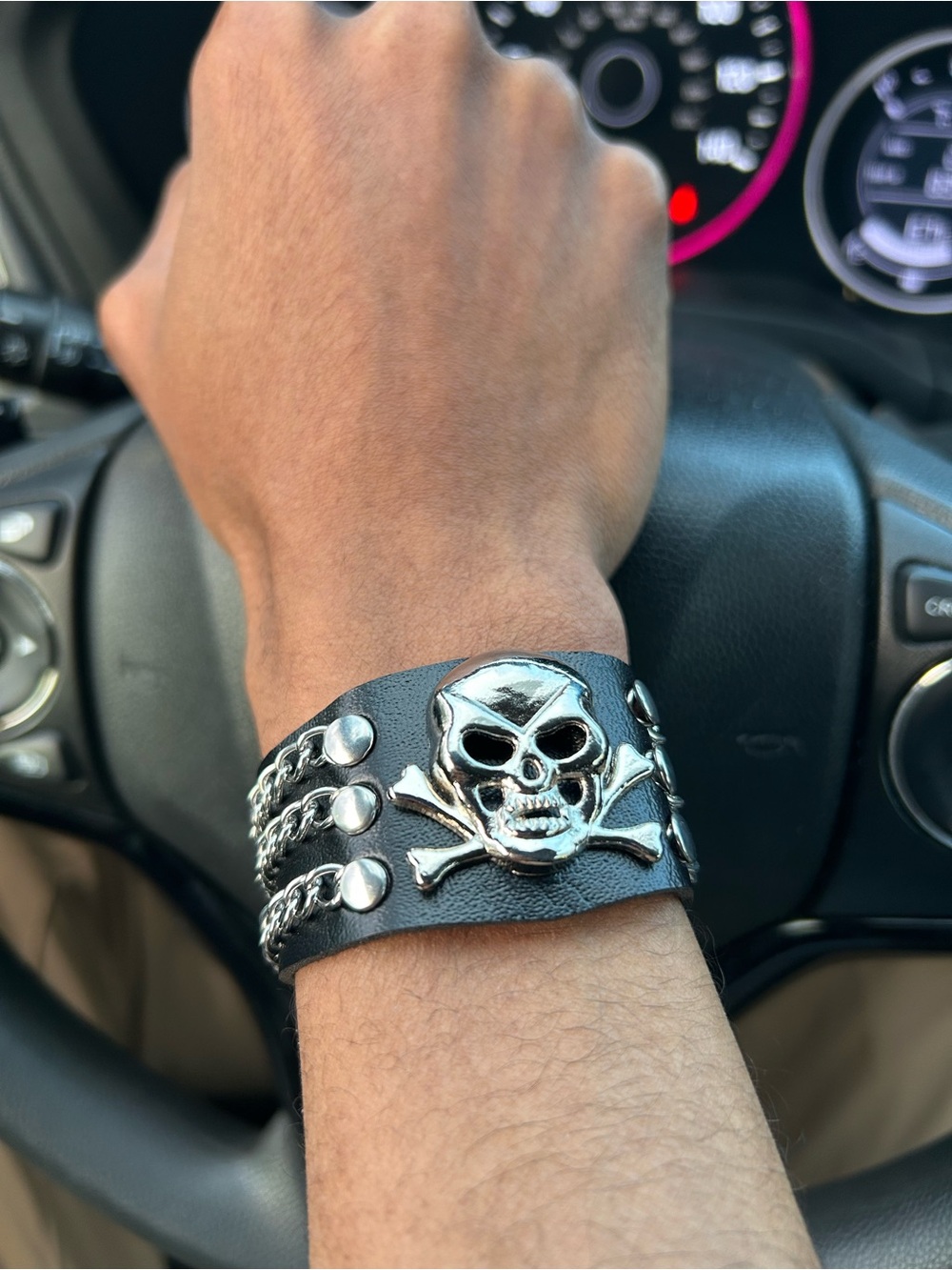 Silver skull and crossbones Gothic faux leather Punk bracelet chain Grunge Rock